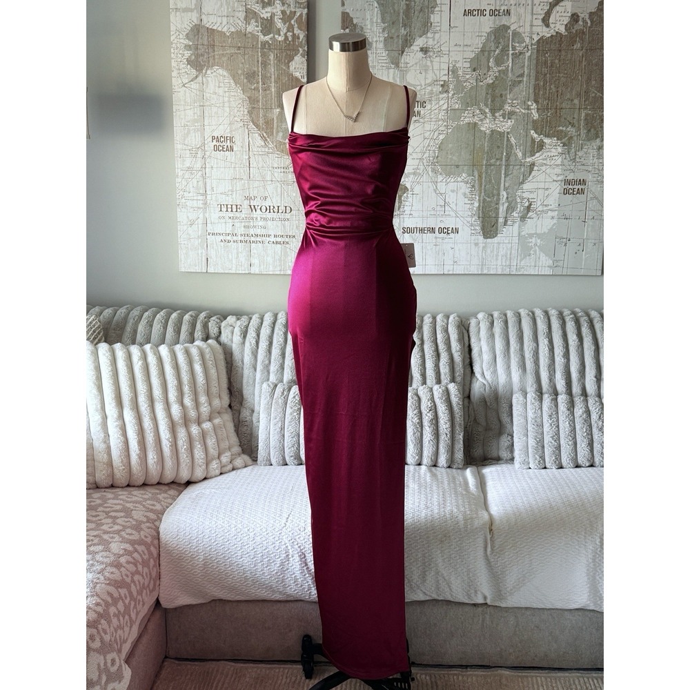 Windsor Cowl Neck High Slit Satin Column Dress Size M Color Magenta NWT